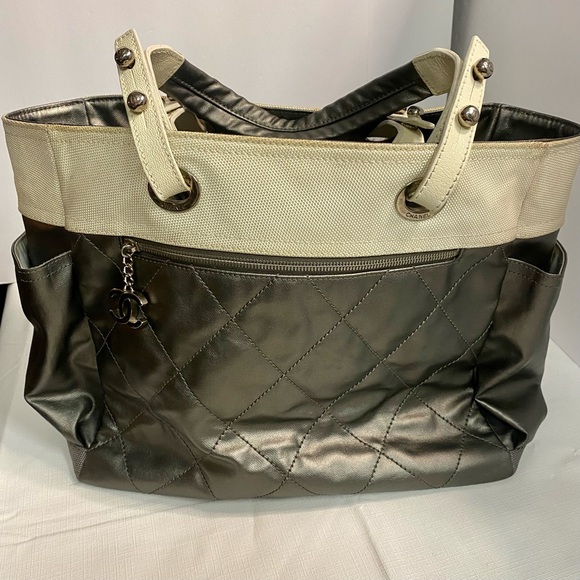 CHANEL Handbags - CHANEL Metallic Silver and Cream Tote Bag